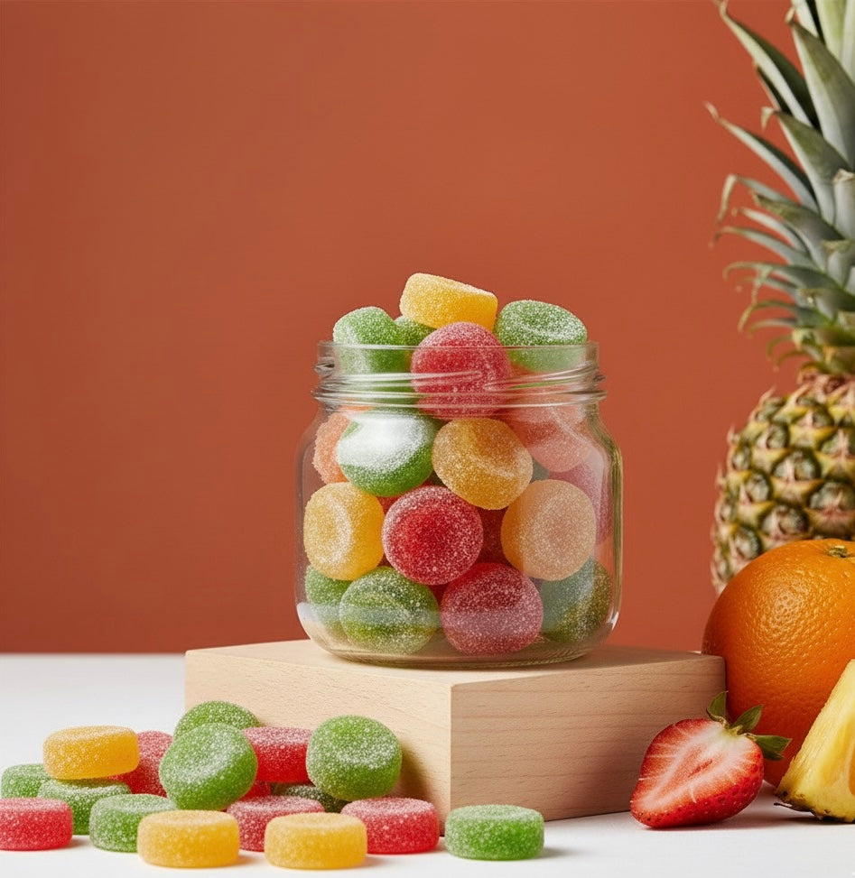 Circle shape with sugar coated jelly ( mix flavour in the box ) - set of 6 - 100 gm each )